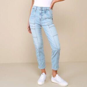 Daze Women's Straight Up Light Wash High-Rise Straight Cropped Cargo Jeans - 30